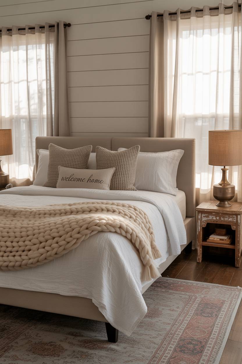 21 Modern Farmhouse Bedroom Ideas for Cozy, Stylish Spaces 5 King-sized farmhouse bed with white linen and cream chunky knit throw blanket
