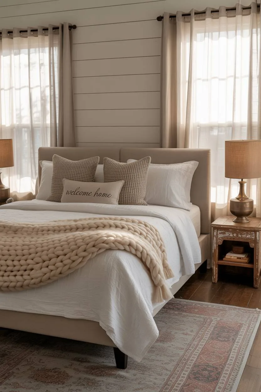 21 Modern Farmhouse Bedroom Ideas for Cozy, Stylish Spaces 5 King-sized farmhouse bed with white linen and cream chunky knit throw blanket