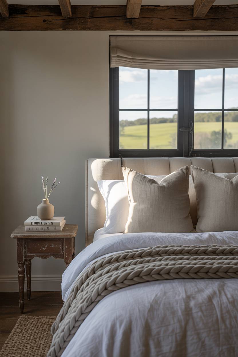 21 Modern Farmhouse Bedroom Ideas for Cozy, Stylish Spaces 6 Modern farmhouse bedroom with lavender sprig on nightstand and rolling green hills view