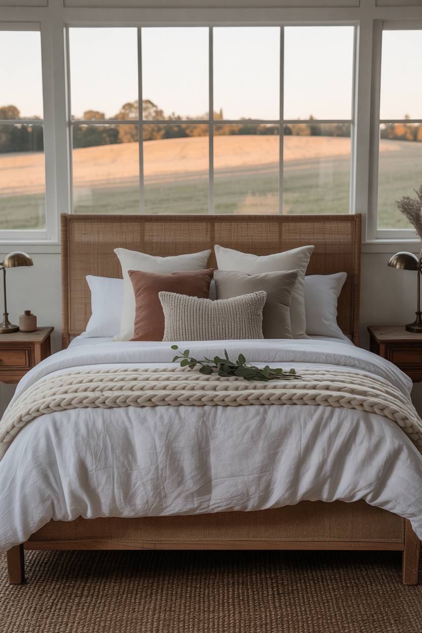 21 Modern Farmhouse Bedroom Ideas for Cozy, Stylish Spaces 7 King-sized bed with woven linen headboard and eucalyptus sprig accent