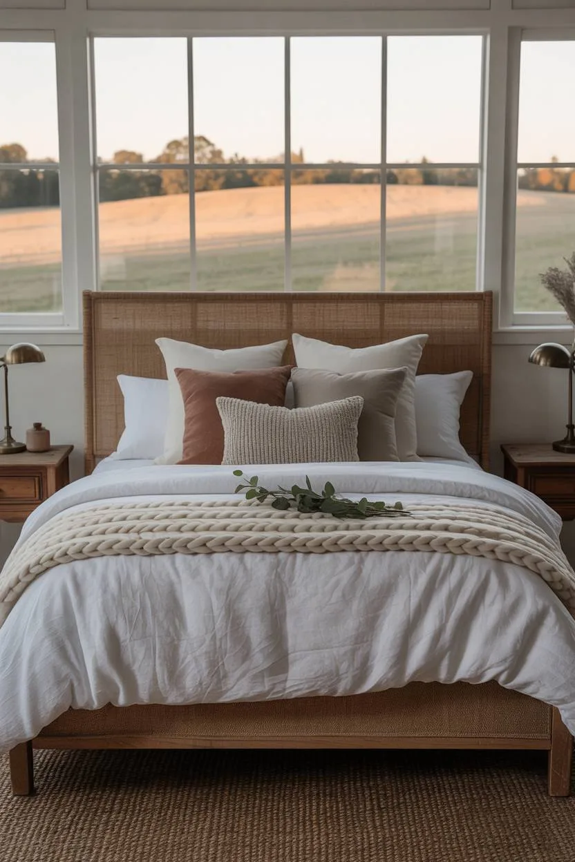 21 Modern Farmhouse Bedroom Ideas for Cozy, Stylish Spaces 7 King-sized bed with woven linen headboard and eucalyptus sprig accent