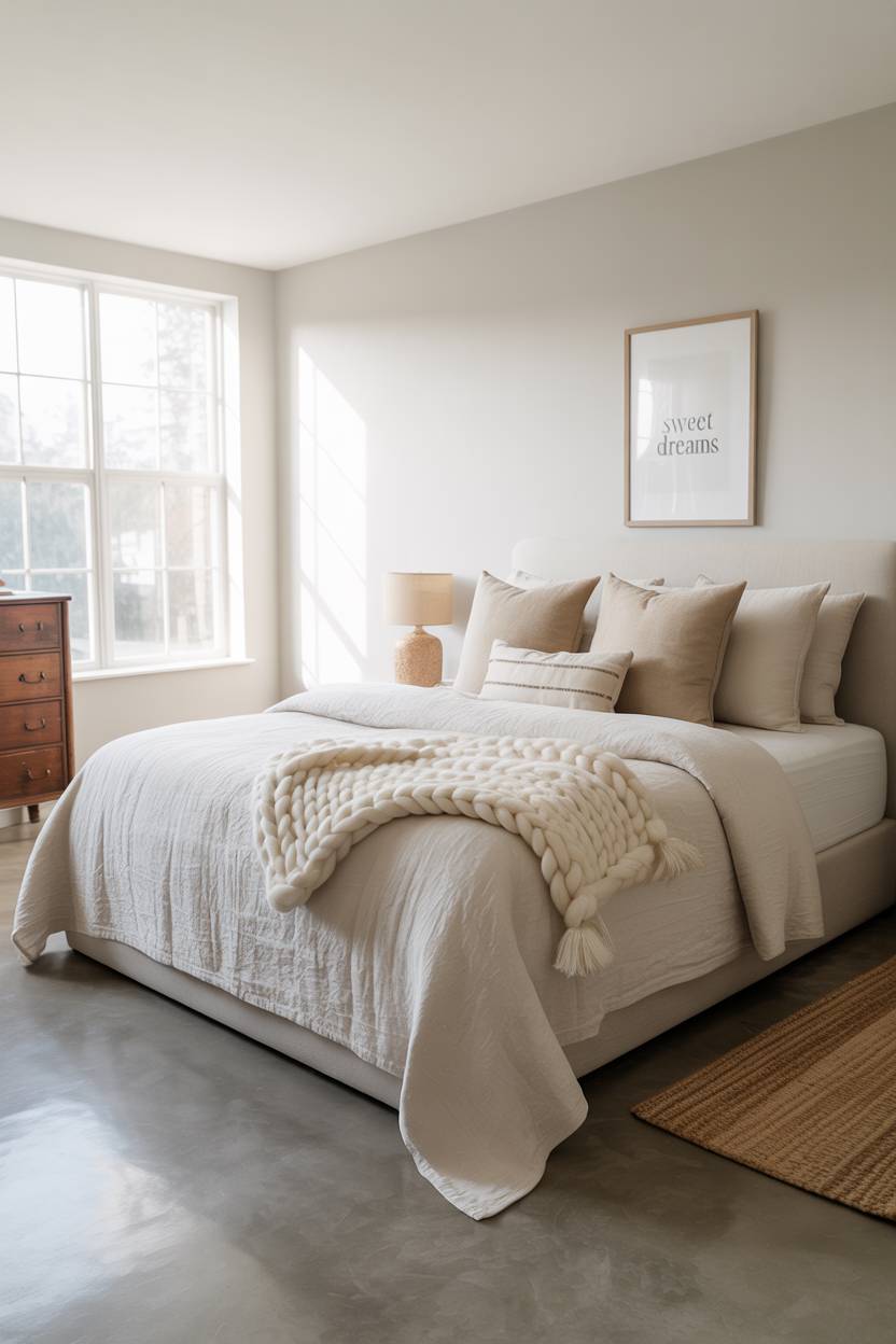 21 Modern Farmhouse Bedroom Ideas for Cozy, Stylish Spaces 8 Farmhouse bedroom with polished concrete floor and vintage wooden dresser