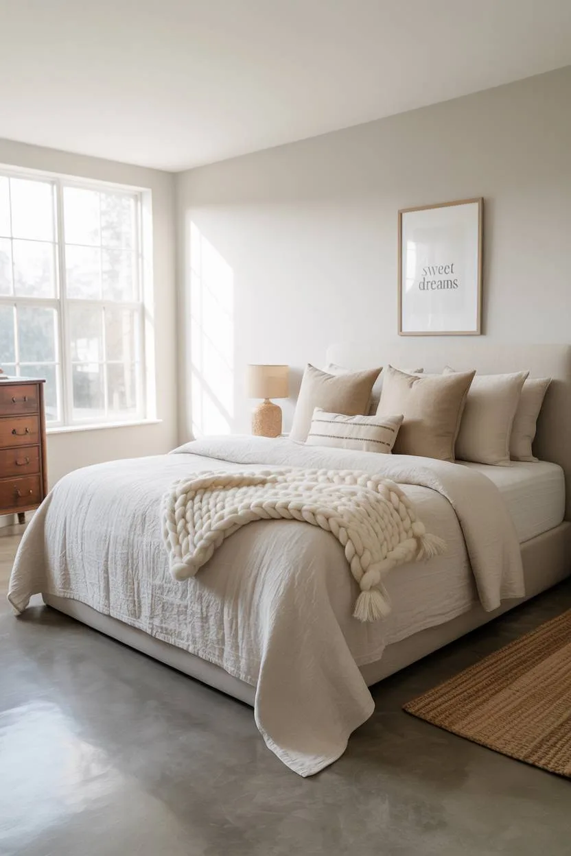 21 Modern Farmhouse Bedroom Ideas for Cozy, Stylish Spaces 8 Farmhouse bedroom with polished concrete floor and vintage wooden dresser