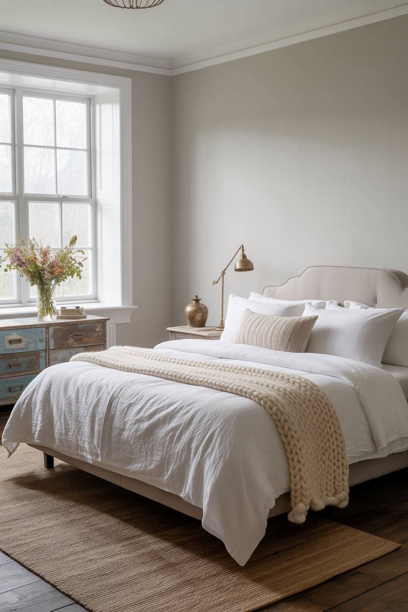 21 Modern Farmhouse Bedroom Ideas for Cozy, Stylish Spaces 9 Modern farmhouse bedroom with wildflower vase and weathered wooden nightstand