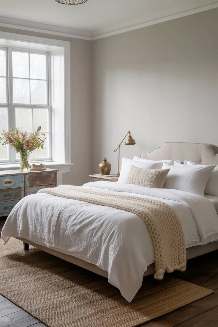 21 Modern Farmhouse Bedroom Ideas for Cozy, Stylish Spaces 9 Modern farmhouse bedroom with wildflower vase and weathered wooden nightstand