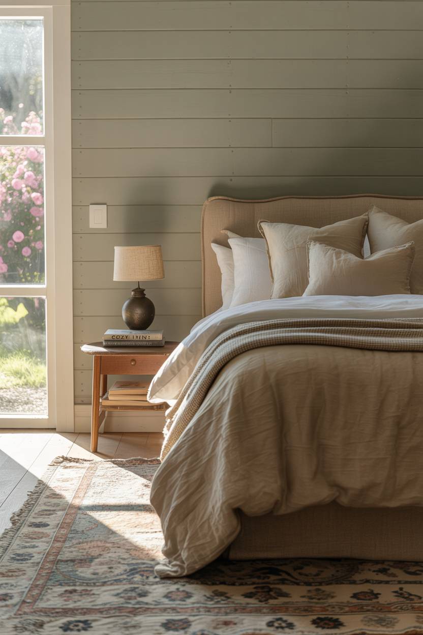 21 Modern Farmhouse Bedroom Ideas for Cozy, Stylish Spaces 10 Farmhouse bedroom with muted sage green shiplap wall and garden view