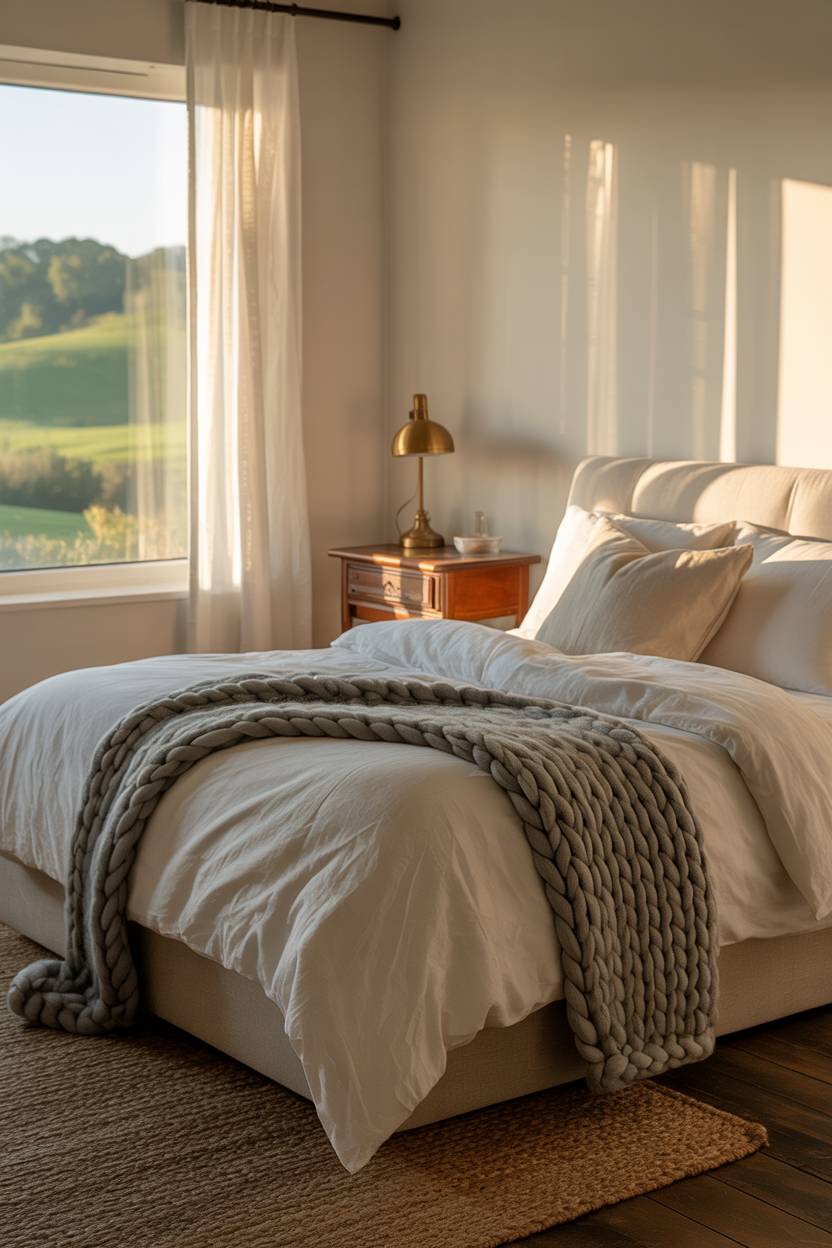 21 Modern Farmhouse Bedroom Ideas for Cozy, Stylish Spaces 11 King-sized bed with white duvet and grey knit throw overlooking rolling hills