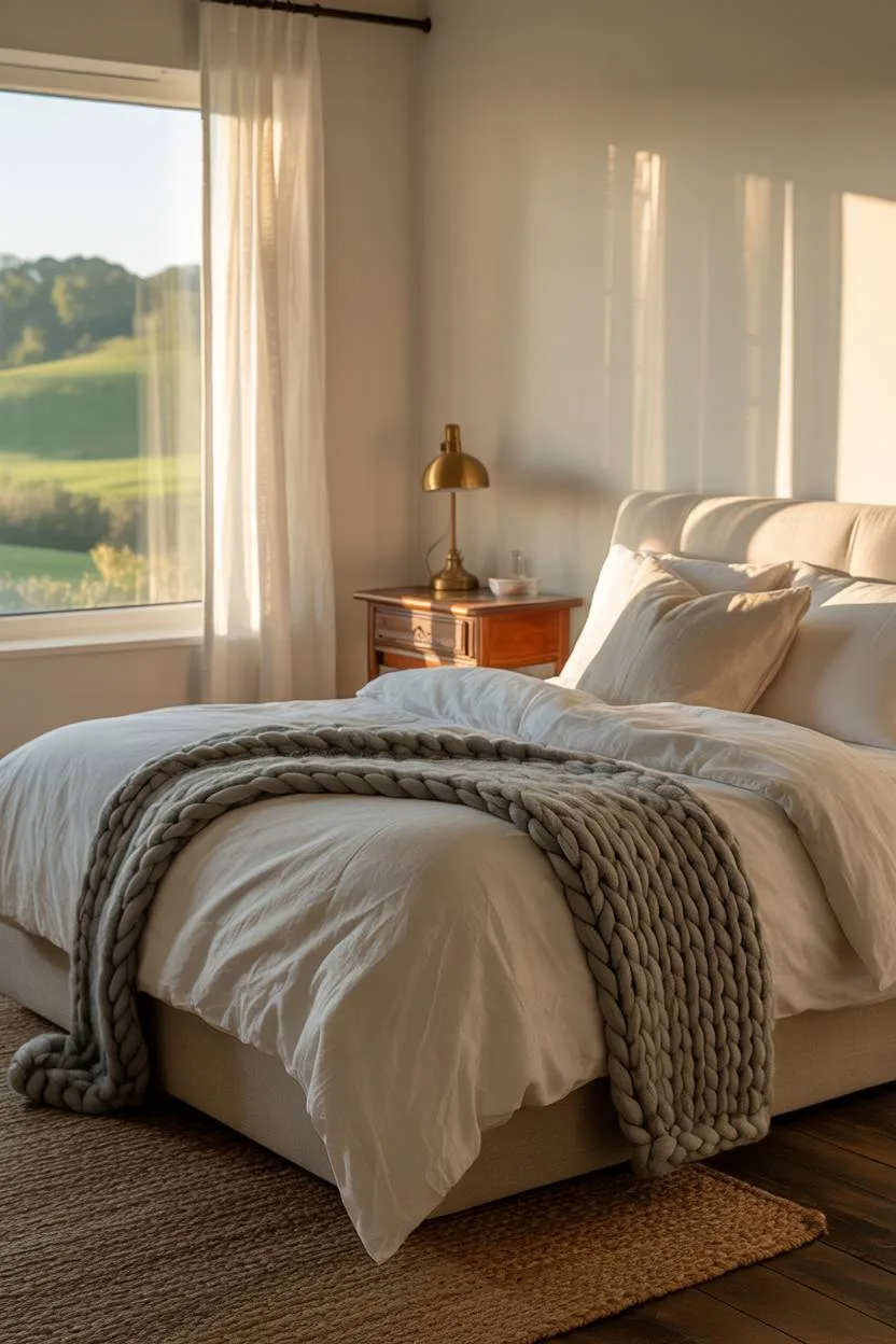21 Modern Farmhouse Bedroom Ideas for Cozy, Stylish Spaces 11 King-sized bed with white duvet and grey knit throw overlooking rolling hills