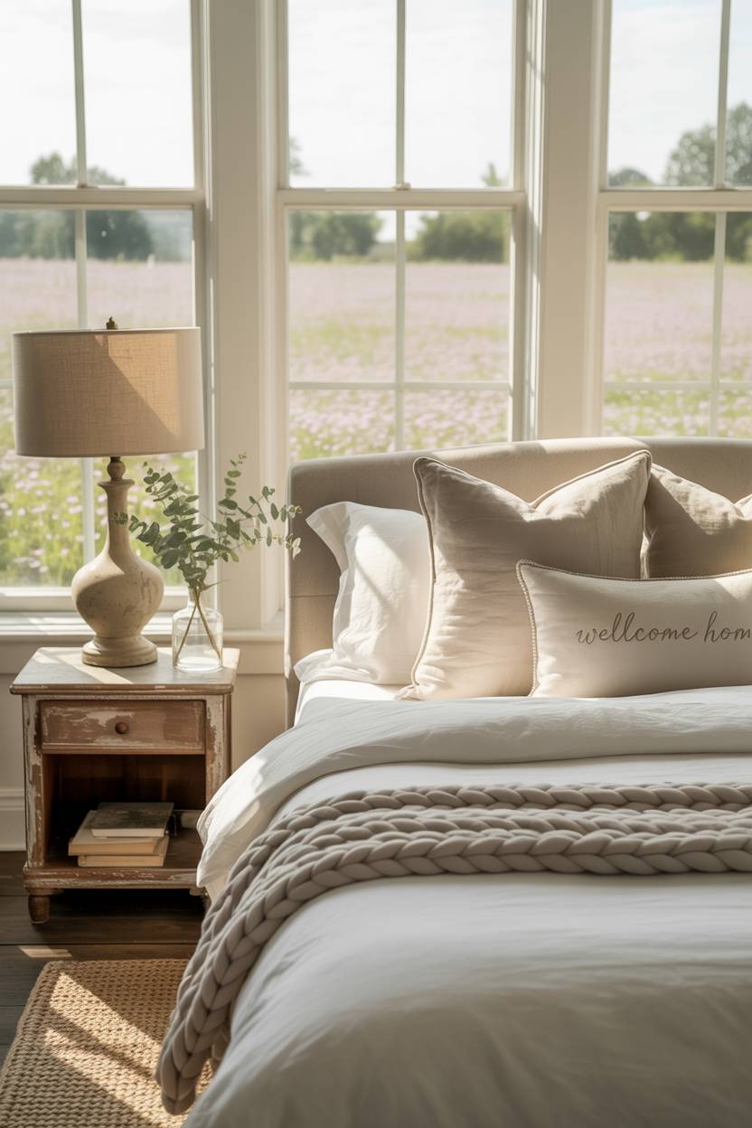 21 Modern Farmhouse Bedroom Ideas for Cozy, Stylish Spaces 12 Serene farmhouse bedroom with eucalyptus sprig and wildflower field view