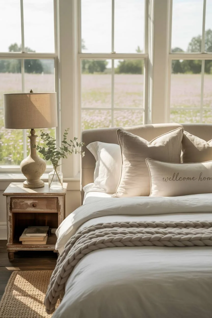 21 Modern Farmhouse Bedroom Ideas for Cozy, Stylish Spaces 12 Serene farmhouse bedroom with eucalyptus sprig and wildflower field view
