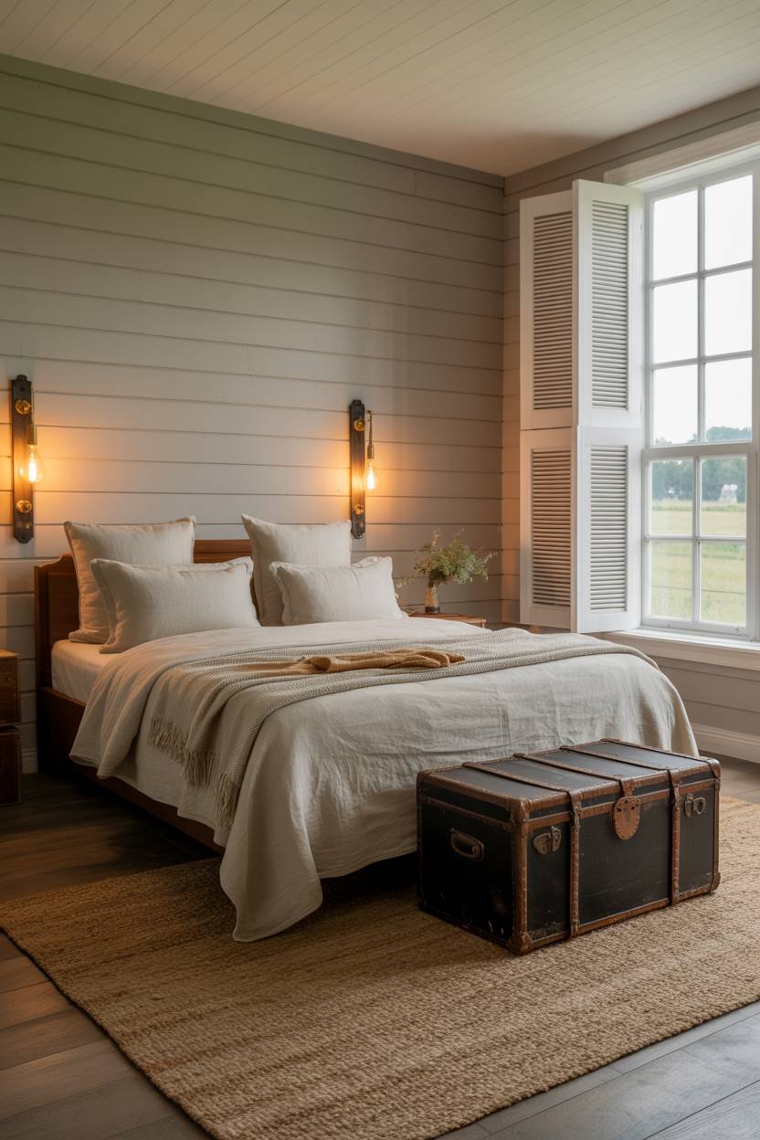 21 Modern Farmhouse Bedroom Ideas for Cozy, Stylish Spaces 13 Farmhouse bedroom with worn leather trunk and white wooden shutters