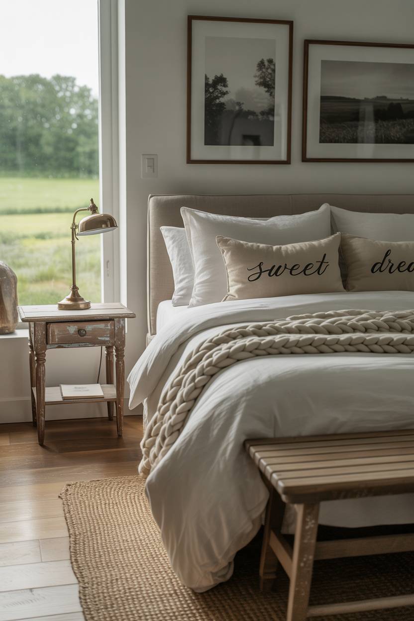 21 Modern Farmhouse Bedroom Ideas for Cozy, Stylish Spaces 14 Modern farmhouse bedroom with black and white landscape prints gallery wall