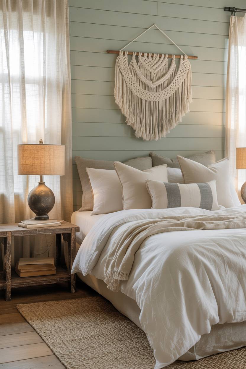 21 Modern Farmhouse Bedroom Ideas for Cozy, Stylish Spaces 15 Queen-sized farmhouse bedroom with soft sage green shiplap wall and macrame hanging