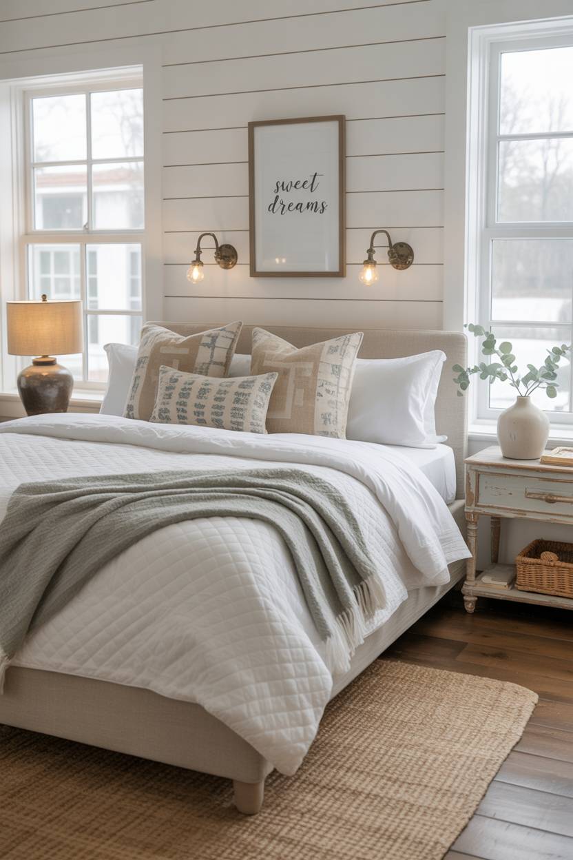21 Modern Farmhouse Bedroom Ideas for Cozy, Stylish Spaces 16 Bright farmhouse bedroom with "Sweet Dreams" print and patterned pillows