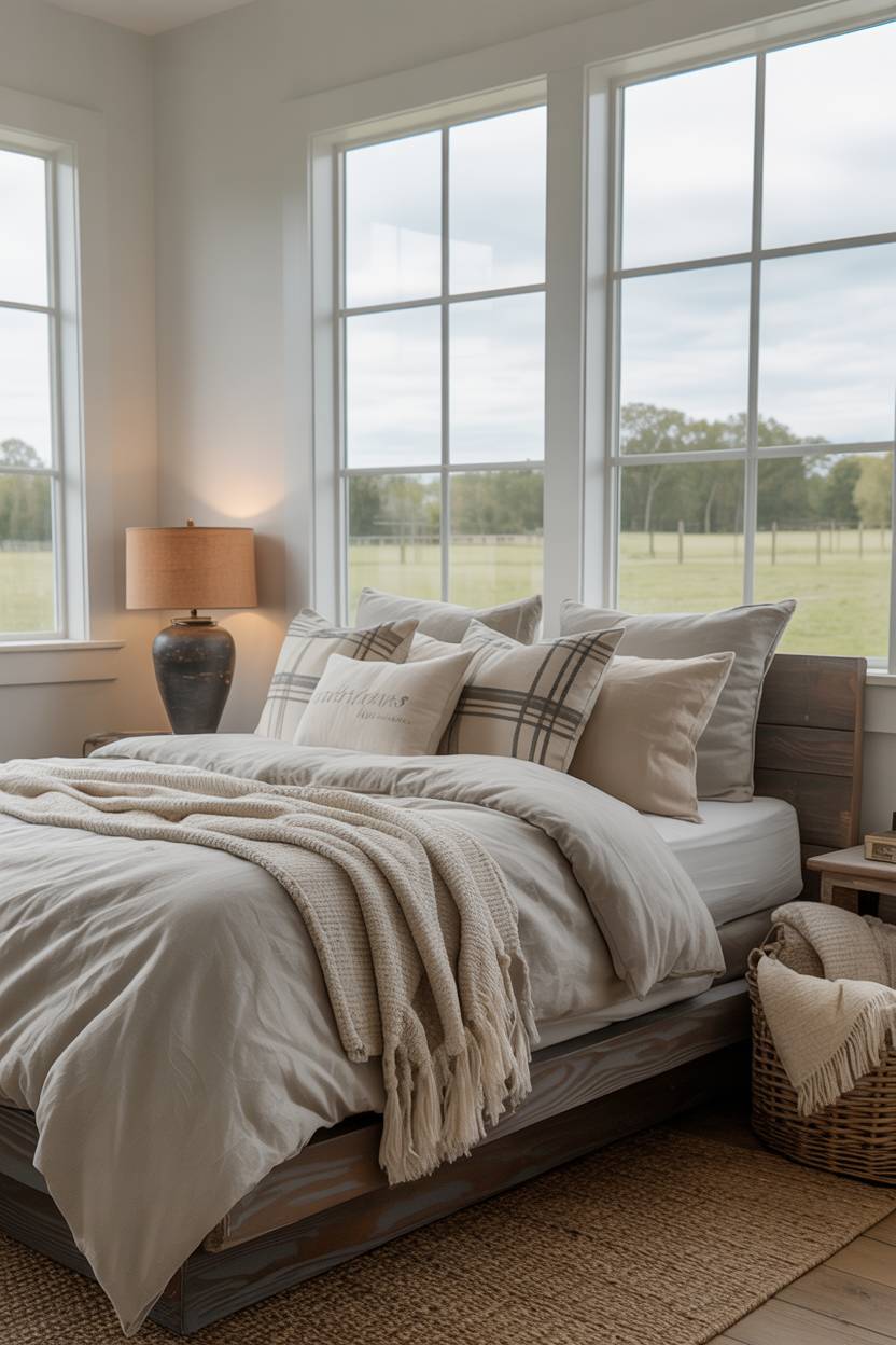 21 Modern Farmhouse Bedroom Ideas for Cozy, Stylish Spaces 17 Queen-sized bed on dark wood platform frame with green pasture view