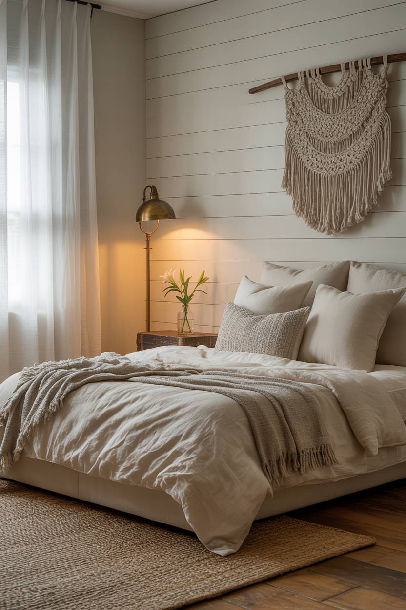 21 Modern Farmhouse Bedroom Ideas for Cozy, Stylish Spaces 18 Large farmhouse master bedroom with macrame wall hanging and brass floor lamp