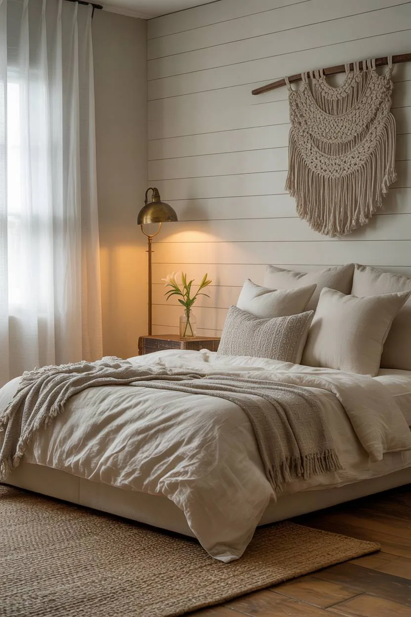 21 Modern Farmhouse Bedroom Ideas for Cozy, Stylish Spaces 18 Large farmhouse master bedroom with macrame wall hanging and brass floor lamp