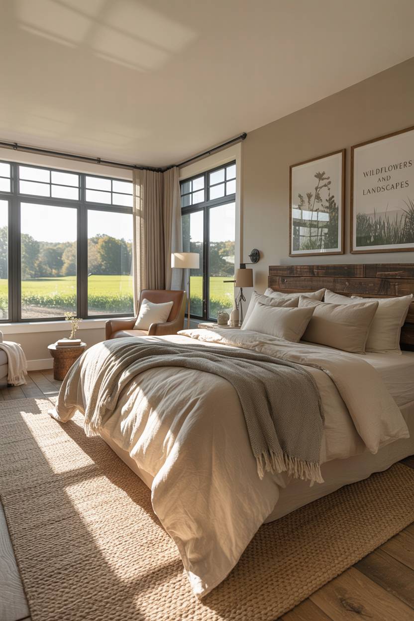21 Modern Farmhouse Bedroom Ideas for Cozy, Stylish Spaces 19 Farmhouse master bedroom with comfortable reading nook and wildflower prints