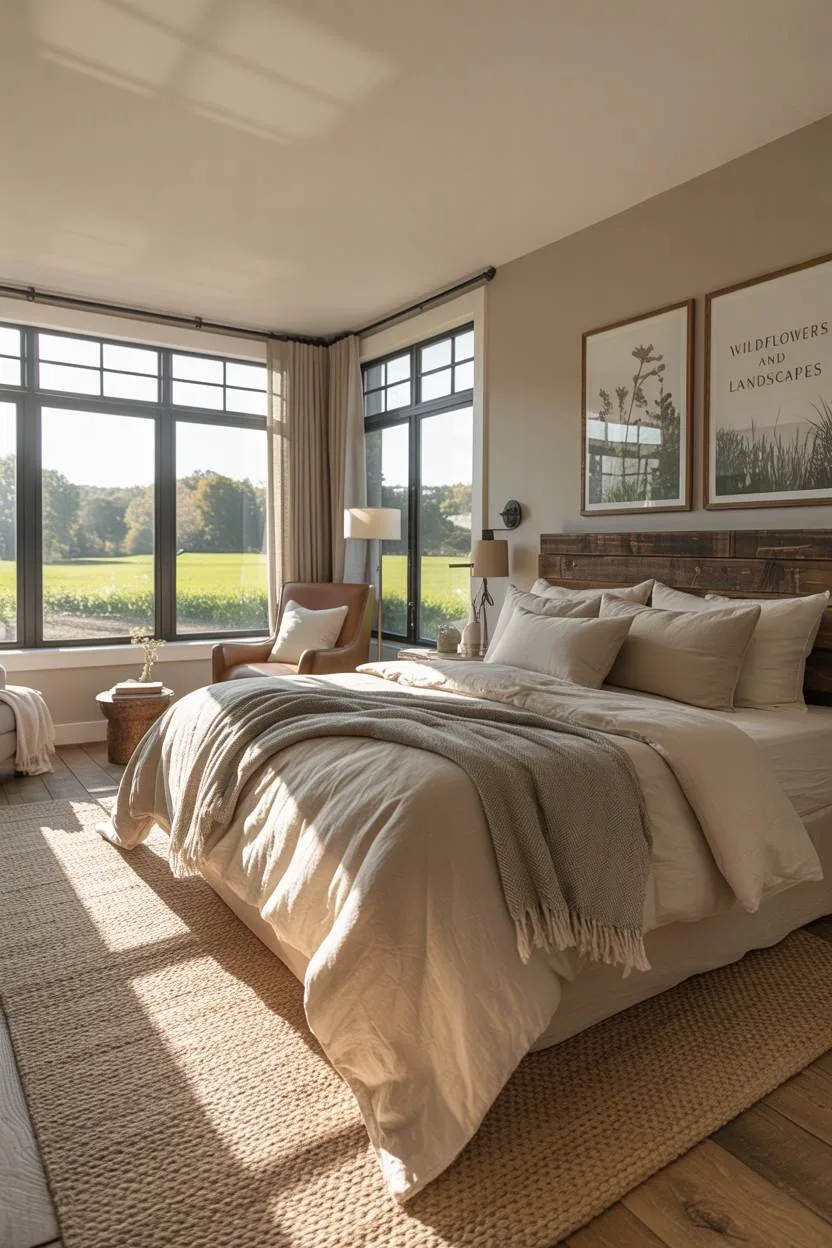 21 Modern Farmhouse Bedroom Ideas for Cozy, Stylish Spaces 19 Farmhouse master bedroom with comfortable reading nook and wildflower prints