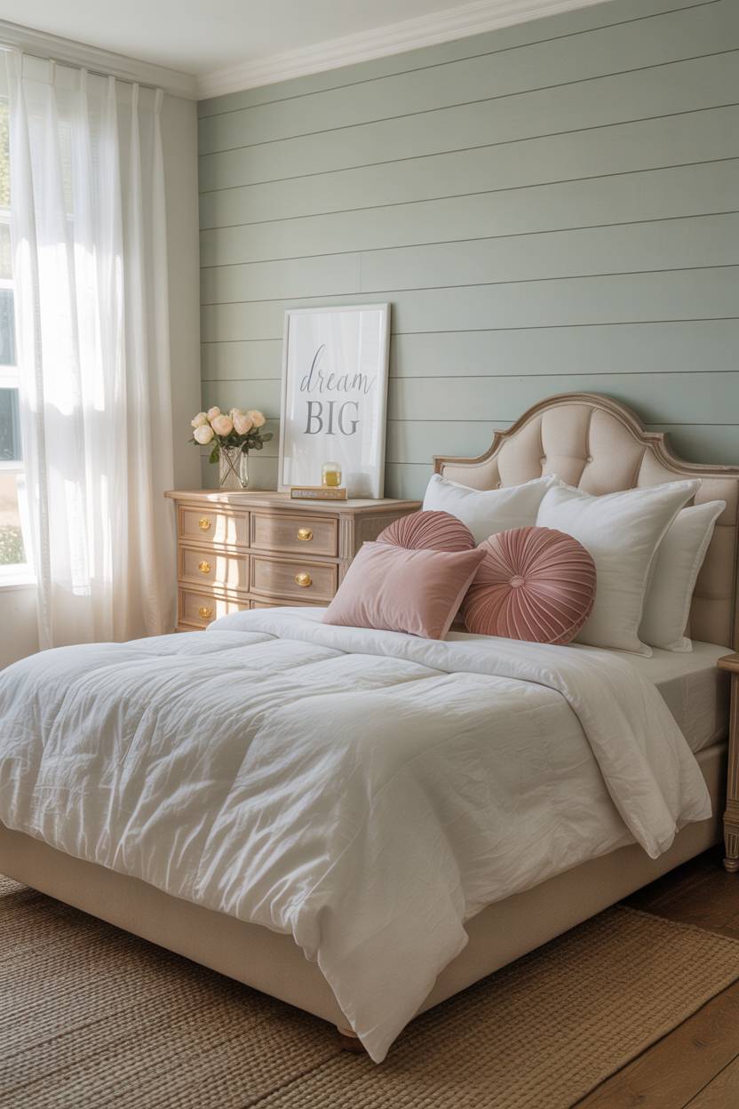 21 Modern Farmhouse Bedroom Ideas for Cozy, Stylish Spaces 20 Bright farmhouse bedroom for young girls with sage green shiplap and white roses