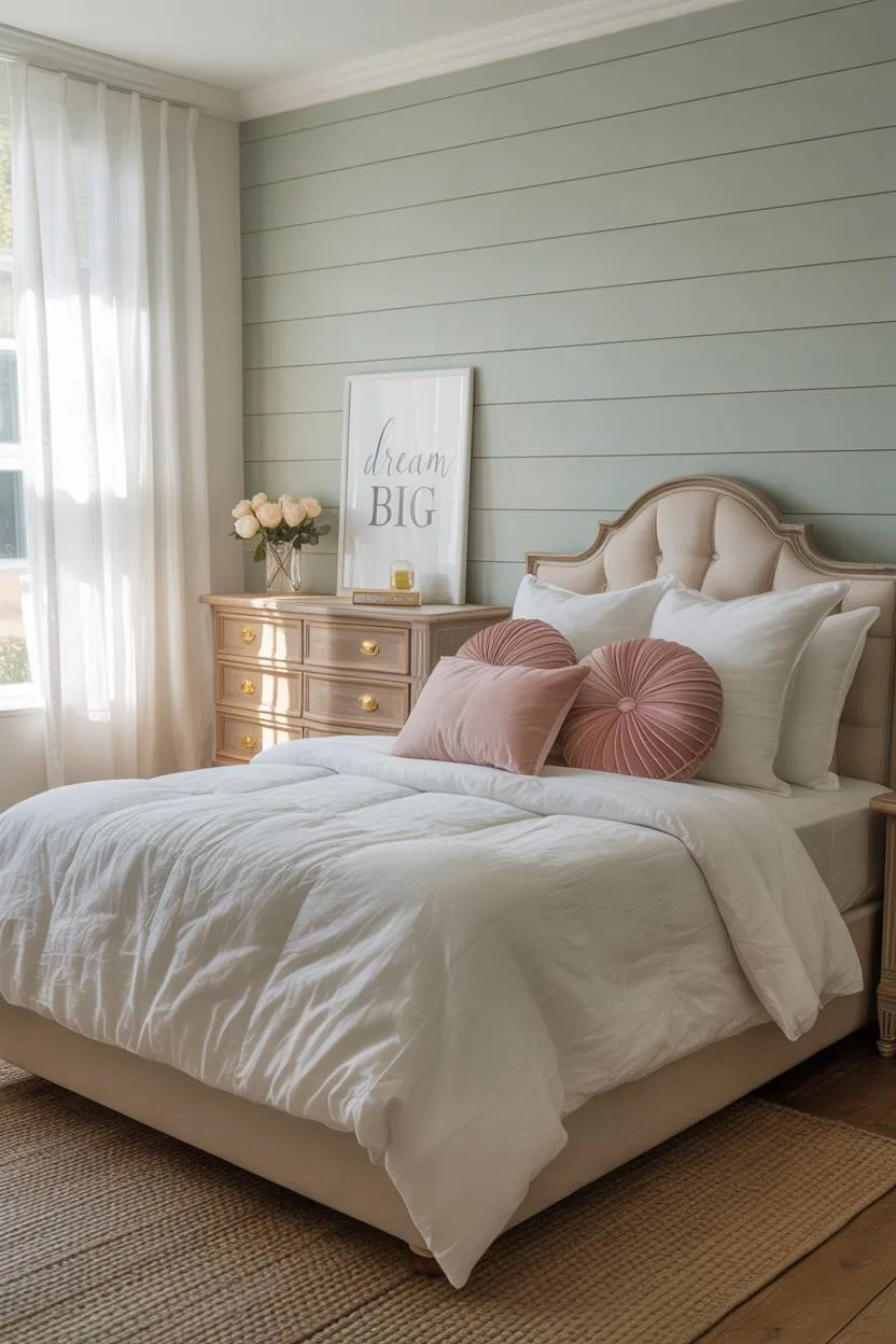 21 Modern Farmhouse Bedroom Ideas for Cozy, Stylish Spaces 20 Bright farmhouse bedroom for young girls with sage green shiplap and white roses