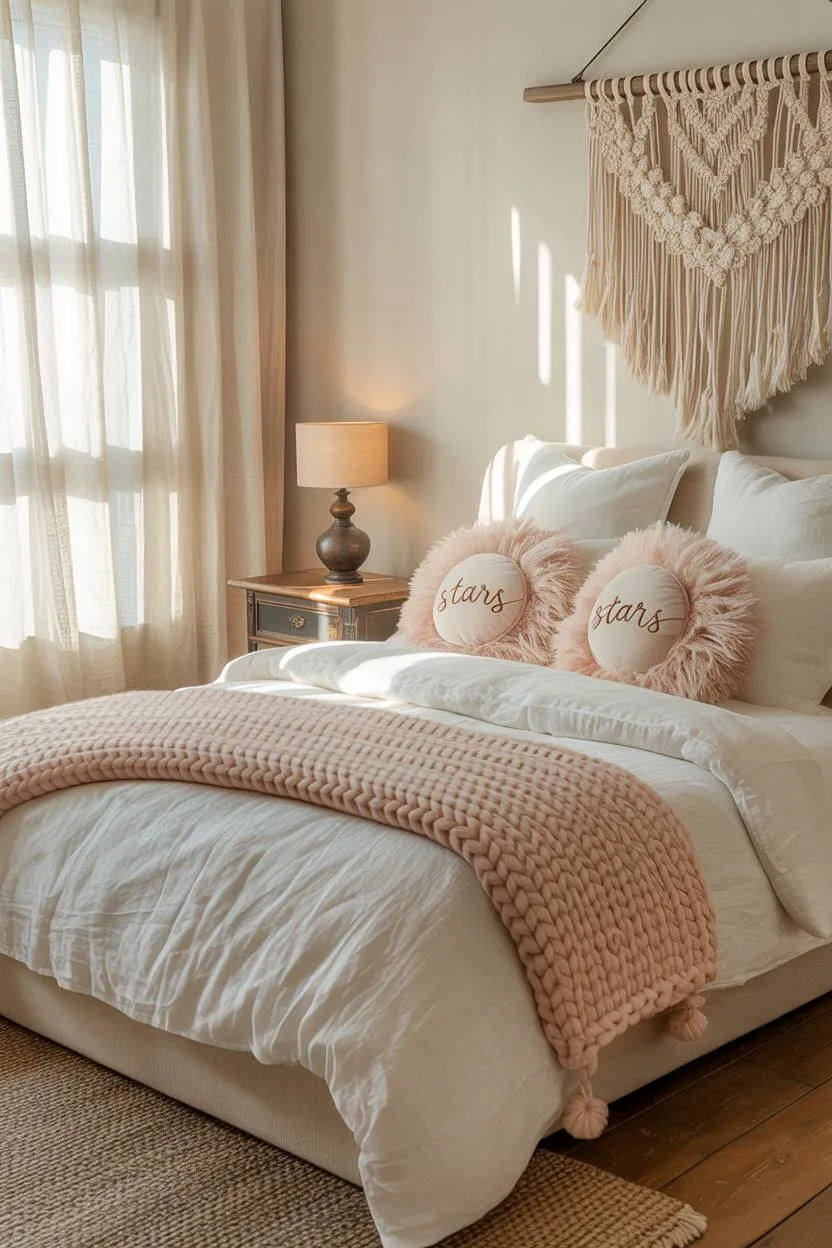 21 Modern Farmhouse Bedroom Ideas for Cozy, Stylish Spaces 21 Airy farmhouse bedroom for young girl with star-embroidered pillows and macrame hanging