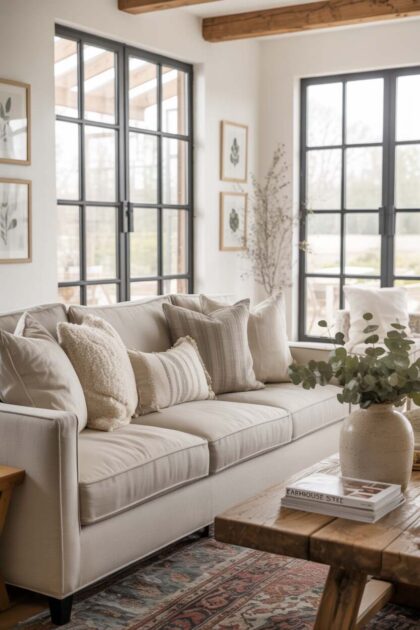 A bright, airy modern farmhouse living room featuring white walls, exposed wooden beams, a comfortable neutral sofa with textured throw pillows, black-framed windows, and minimal yet warm decor with touches of greenery. Natural light floods the space, highlighting the contrast between white surfaces and wooden accents.