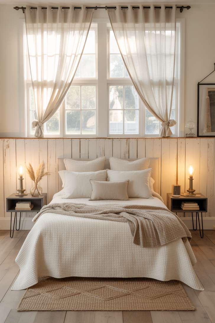 A serene modern farmhouse guest bedroom with white shiplap headboard, linen curtains, and warm natural light