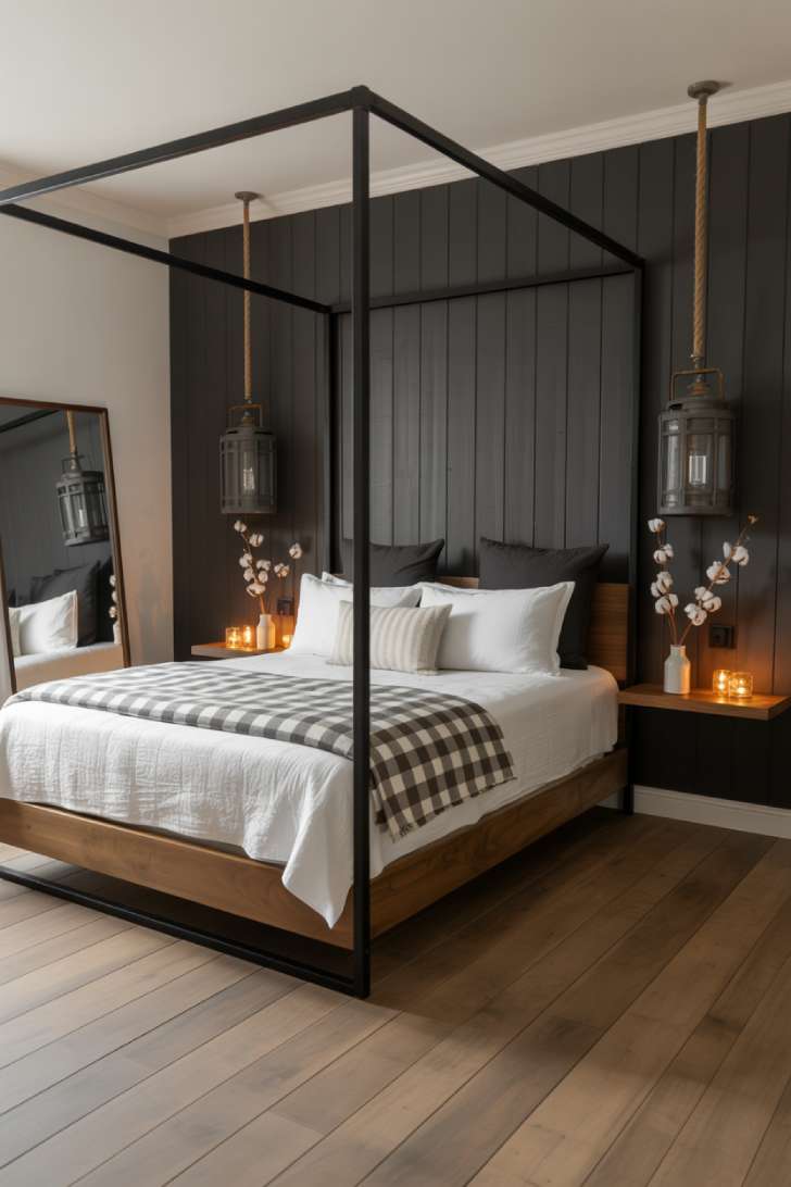 A dramatic modern farmhouse guest bedroom with black canopy bed, charcoal shiplap accent wall, and white bedding