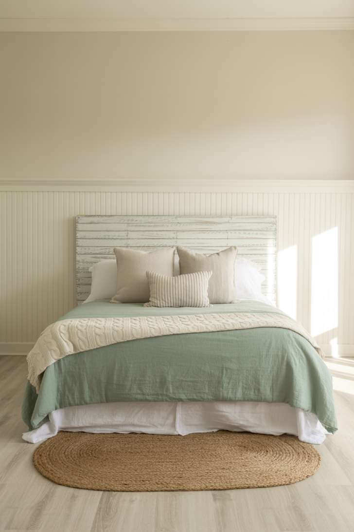 A bright coastal-inspired farmhouse guest bedroom with seafoam linen duvet, whitewashed driftwood headboard, and rattan pendants