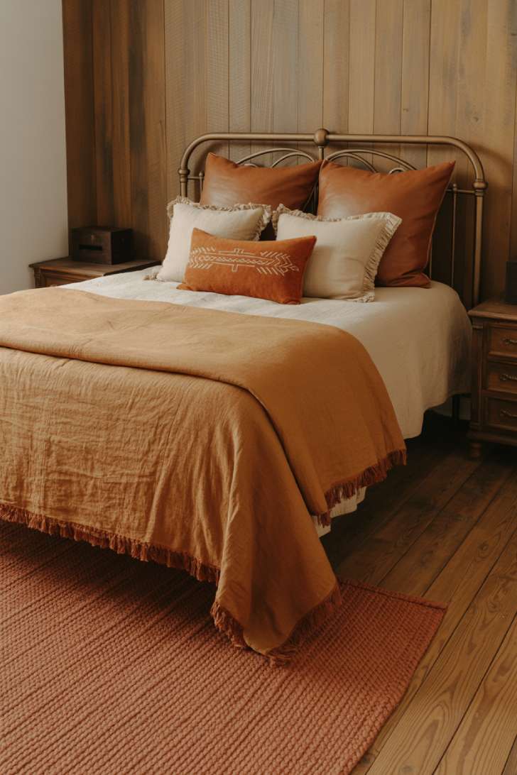 A richly layered farmhouse guest bedroom with terracotta linen duvet, antique bronze iron bed frame, and barnwood accent wall
