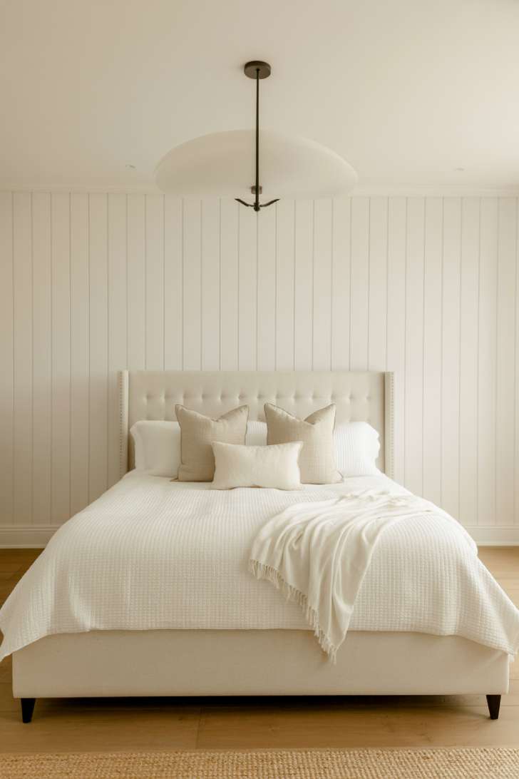 A pristine minimalist farmhouse guest bedroom with tufted white boucle headboard, white shiplap walls, and matte black accents