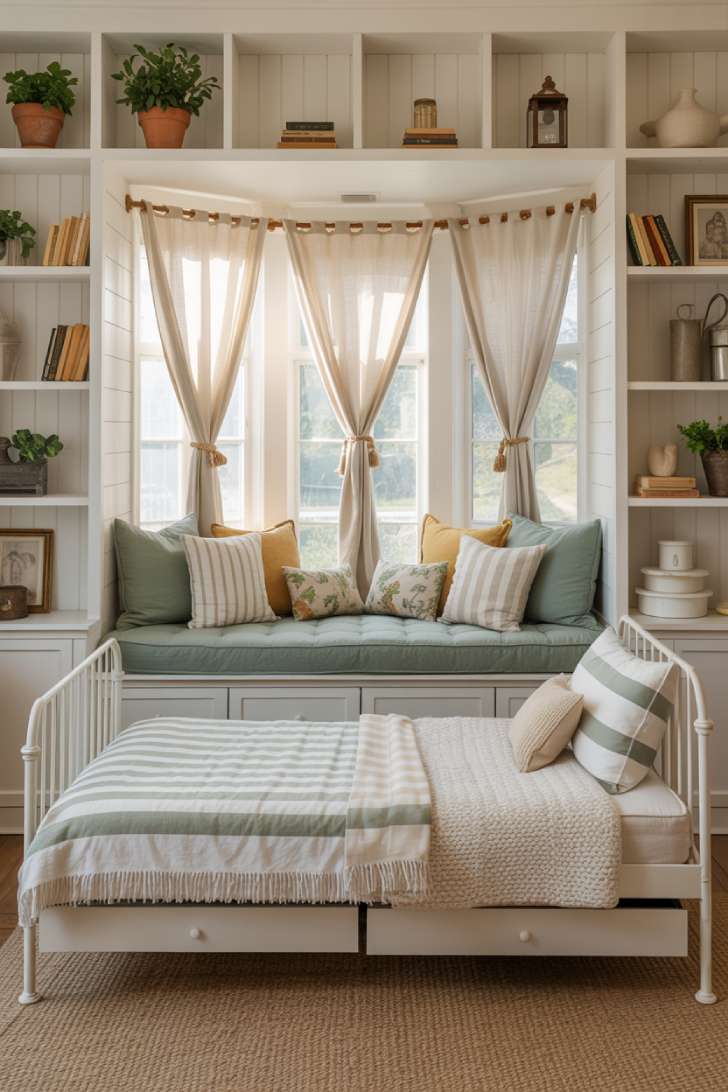A charming farmhouse guest bedroom with built-in window seat reading nook, sage green cushions, and white iron daybed