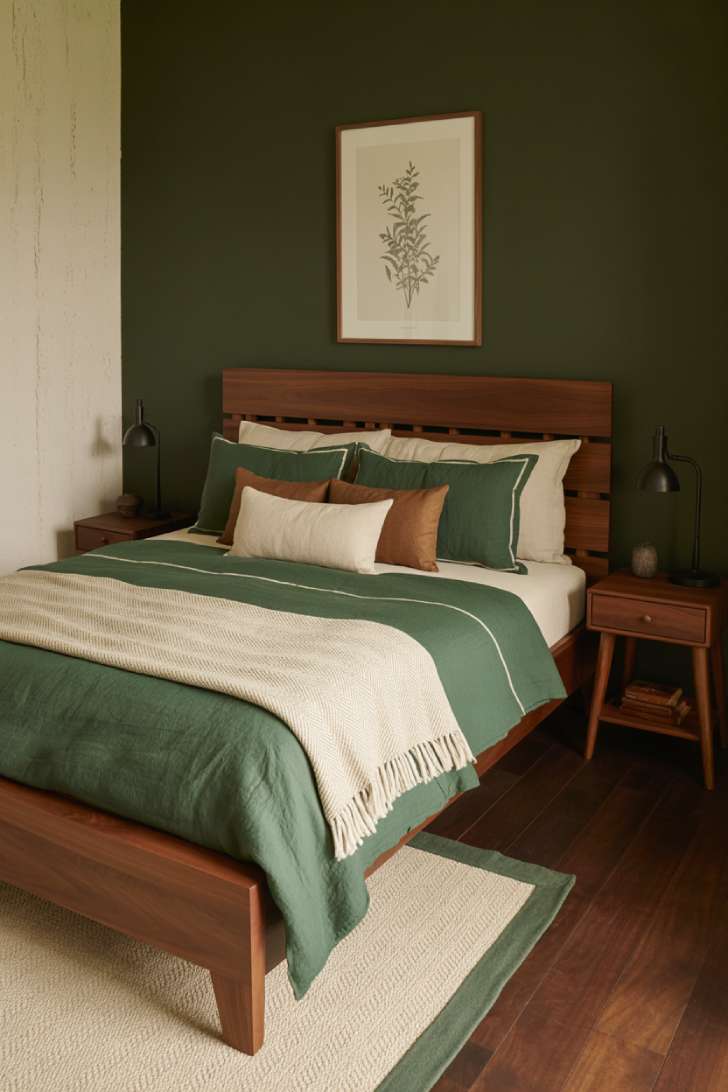 A sophisticated farmhouse guest bedroom with forest green linen bedding, solid walnut platform bed, and botanical accent wall