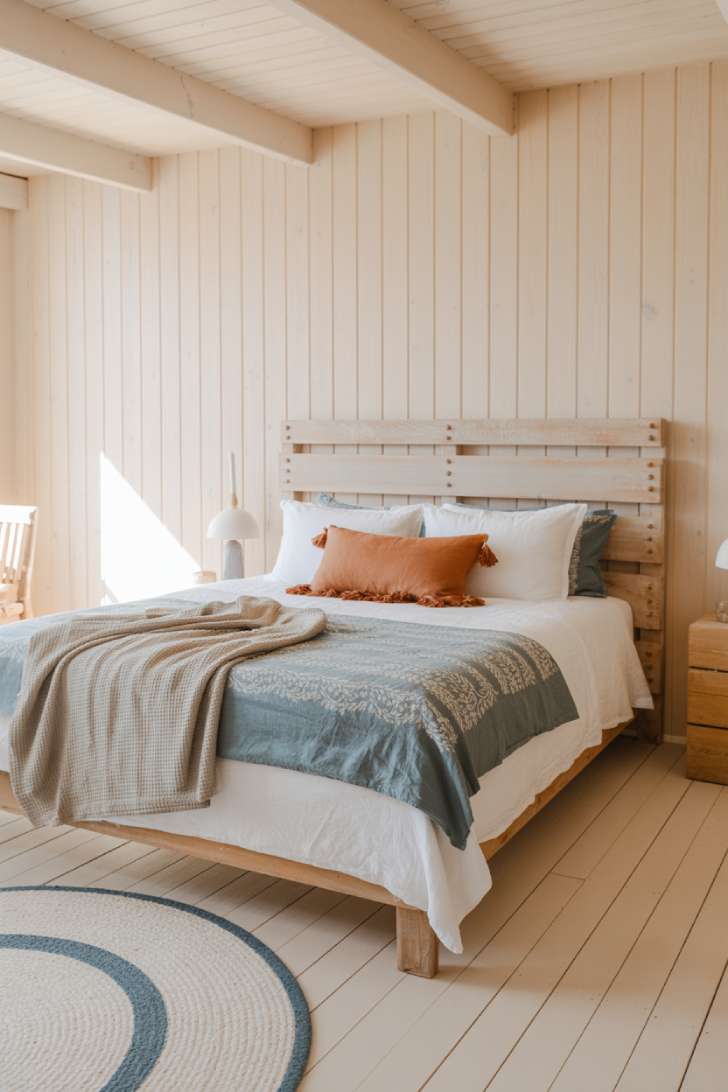A sun-drenched Scandinavian-inspired farmhouse bedroom with whitewashed pine walls, block-printed blue duvet, and terracotta accents