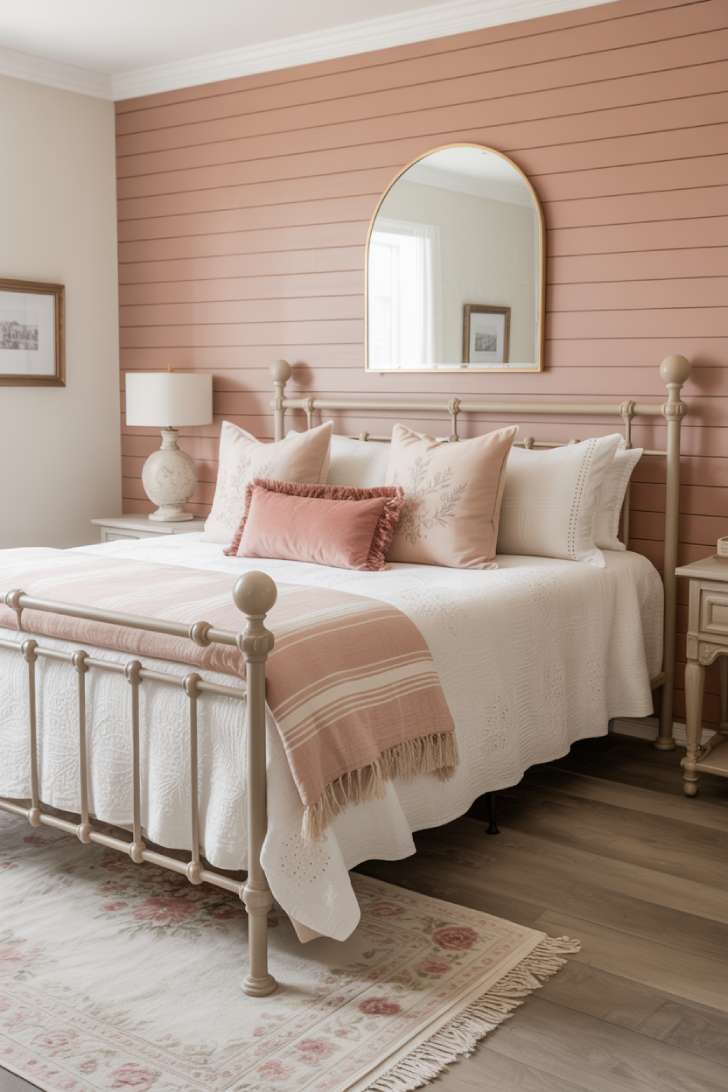 An elegantly styled farmhouse guest bedroom with dusty rose shiplap accent wall, white iron bed with eyelet bedding, and antique gold mirror