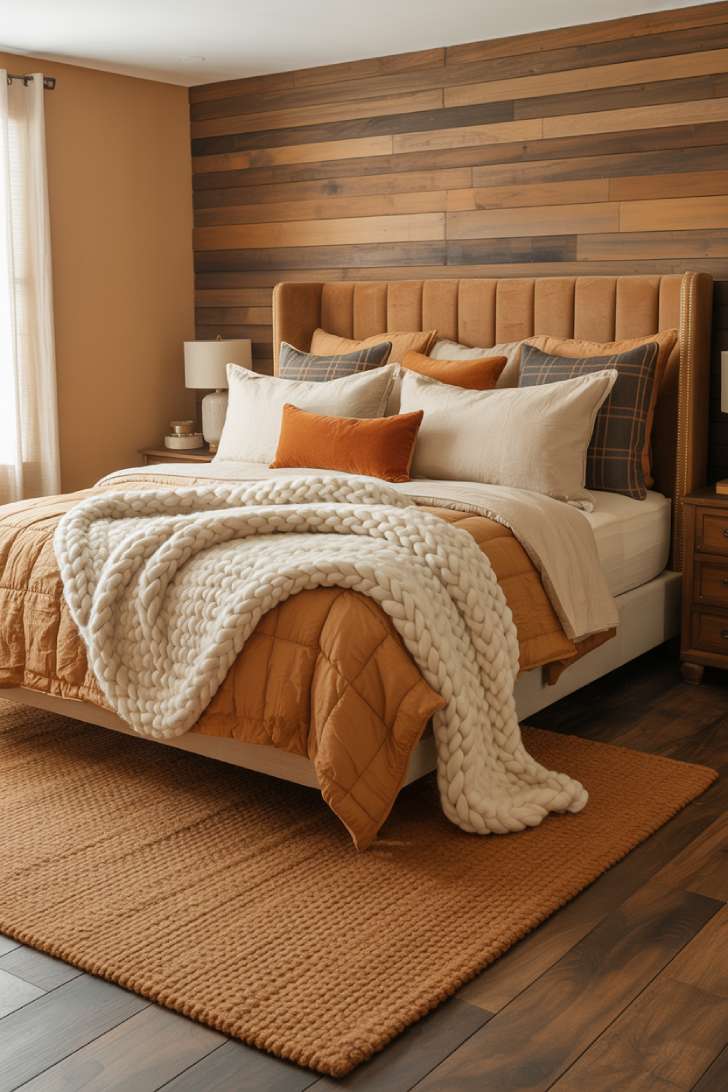 A richly layered farmhouse guest bedroom for winter hosting with caramel boucle headboard, plaid duvet, and chunky knit throw