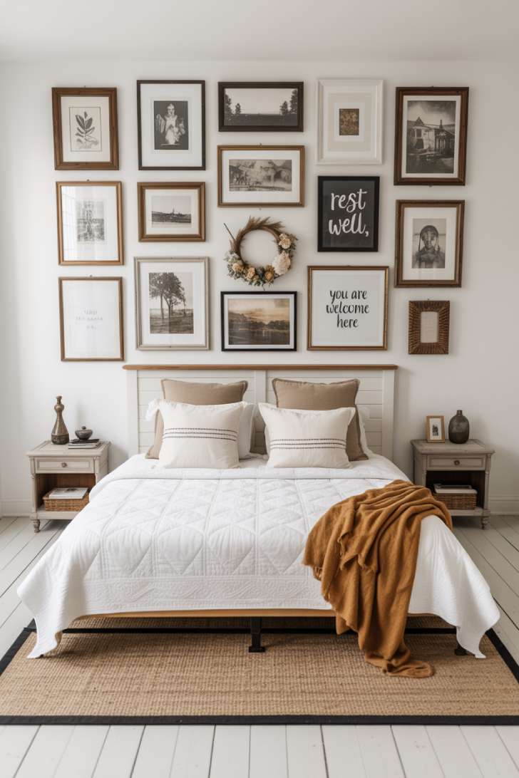 A modern farmhouse guest bedroom with curated gallery wall above a white shiplap headboard, white matelassé bedding, and mismatched nightstands