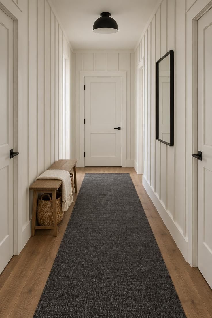 Bright hallway with white board-and-batten walls, matte black hardware, a charcoal runner over oak floors, and a slim wood bench with a basket beneath it.