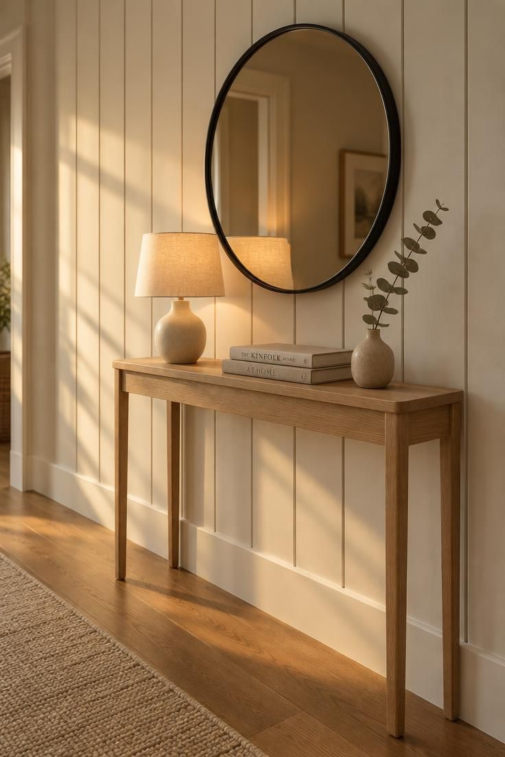 Off-white vertical shiplap wall with a slim oak console, small ceramic lamp, stacked books, and a round black-framed mirror above.