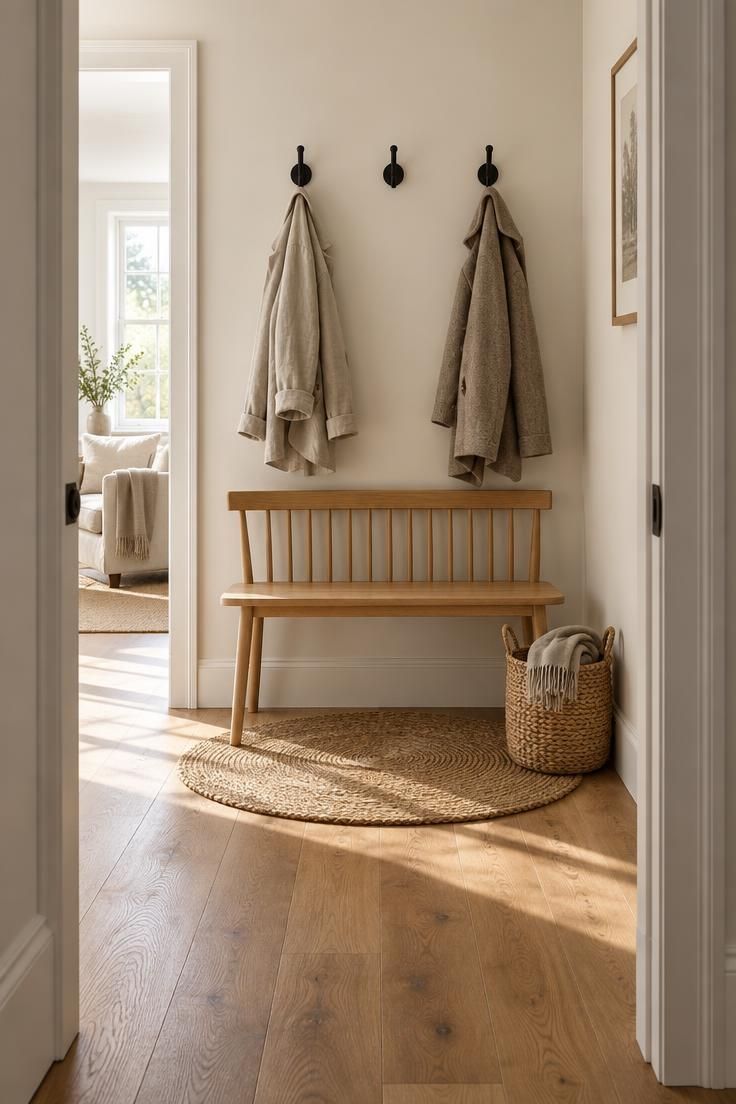Hallway end wall with a light wood bench, three matte black hooks holding jackets, a seagrass basket, and a round jute rug underneath.