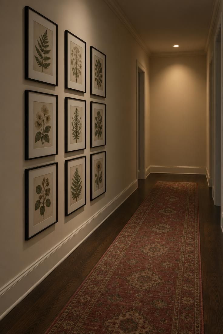 Long hallway wall with nine black-framed botanical prints in three even rows above a dark wood floor and a muted red vintage-style runner.