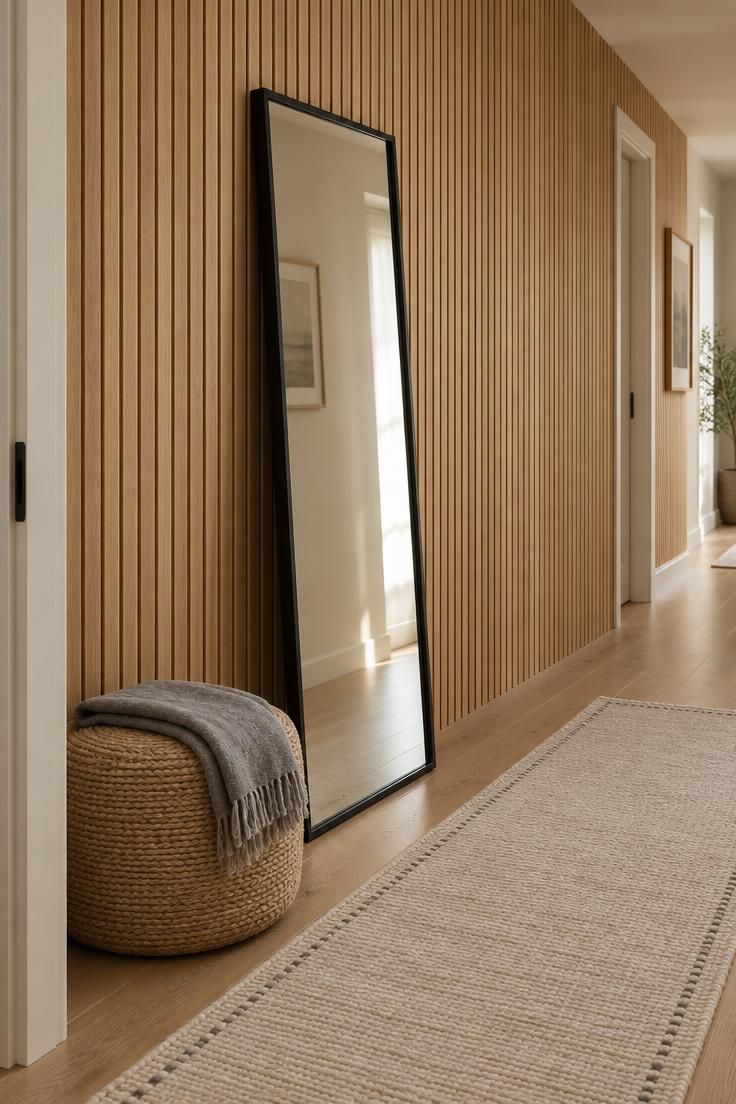 Short hallway wall with warm light oak vertical slats, a leaning black-framed full-length mirror, a cream wool runner, and a round woven pouf.