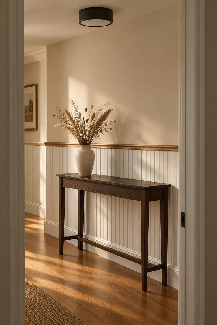 Hallway with white beadboard wainscot and a wood chair rail below a cream upper wall, a narrow dark wood console with a tall ceramic vase of dried grass.
