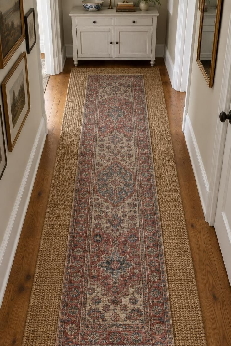 Overhead view of a hallway floor with a wide natural jute runner and a narrower faded Persian-style runner layered on top, oak hardwood visible on both sides.