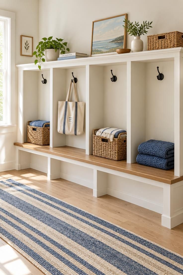 White wood cubby unit with four open cubbies holding baskets and blankets, a wood bench seat below, black hooks above, and a blue striped runner in front.