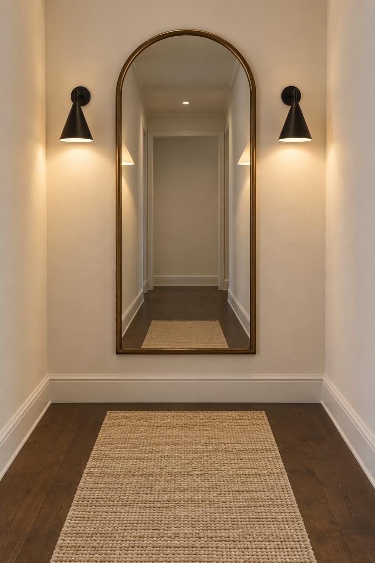 Narrow hallway wall with an arch-topped mirror flanked by two matte black cone sconces, a cream runner on dark wood floors, and no furniture.