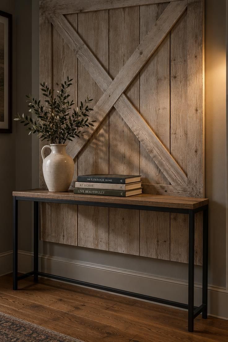 Lightly whitewashed barn-style wood panel with X-brace hung on a hallway wall behind a slim black metal and wood console with a ceramic jug and stacked books.