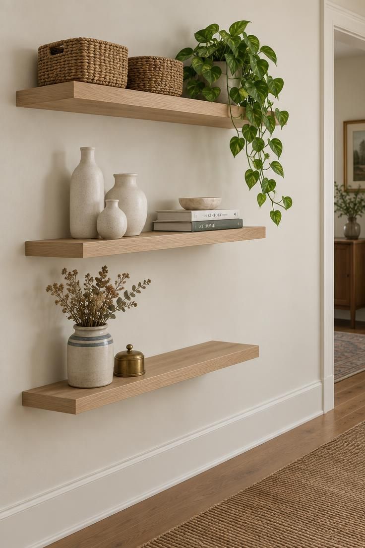 Three light wood floating shelves on a cream hallway wall styled with woven baskets, white stoneware vases, a trailing plant, and a jute runner below.
