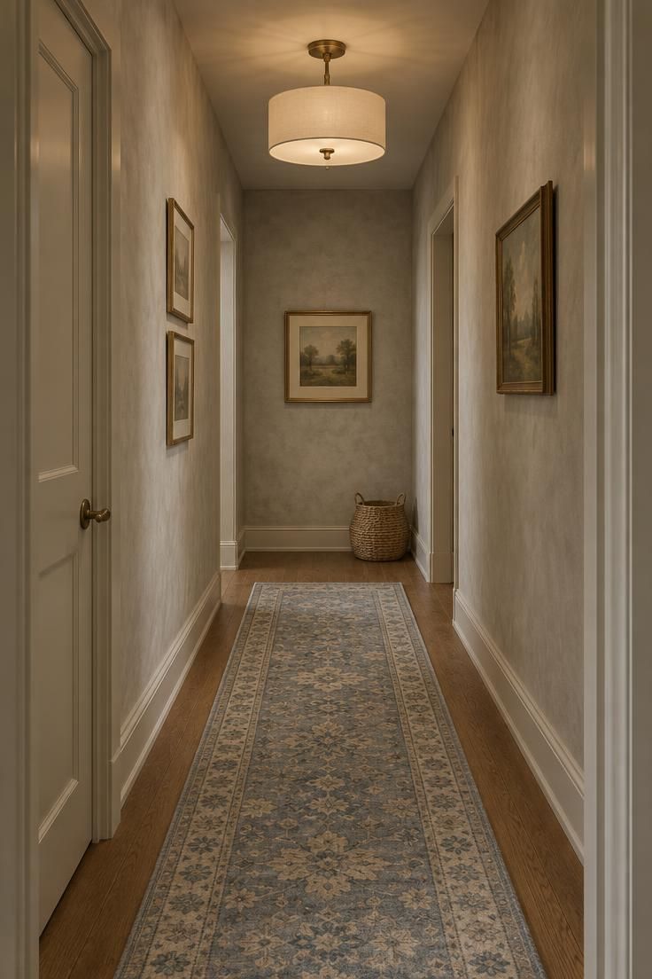 Hallway with mottled pale gray limewash walls, an aged-brass semi-flush mount, a faded blue and cream wool runner on oak floors, and a woven basket.